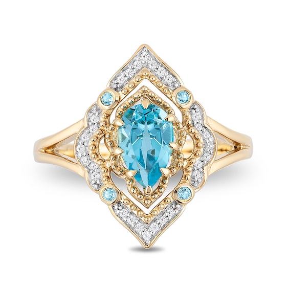 Previously Owned - Enchanted Disney Aladdin Swiss Blue Topaz and 0.089 CT. T.W. Diamond Arabesque Frame Ring in 10K Gold