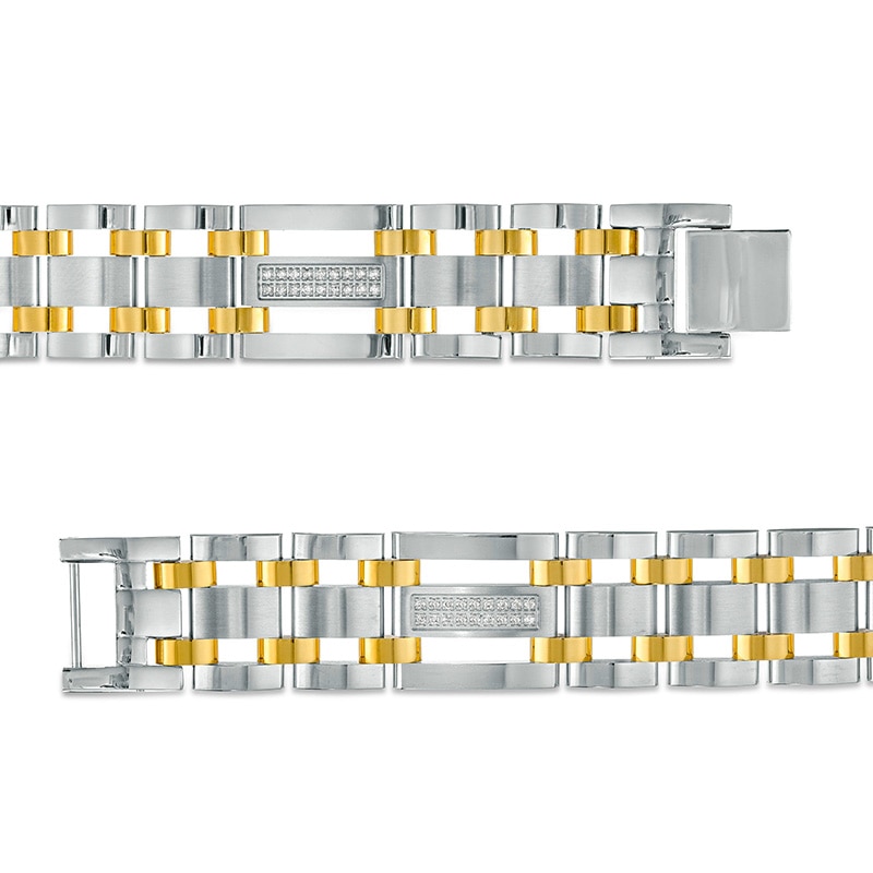 Previously Owned - Men's 0.27 CT. T.W. Diamond Triple Row Link Bracelet in Stainless Steel and Yellow IP - 8.75"|Peoples Jewellers