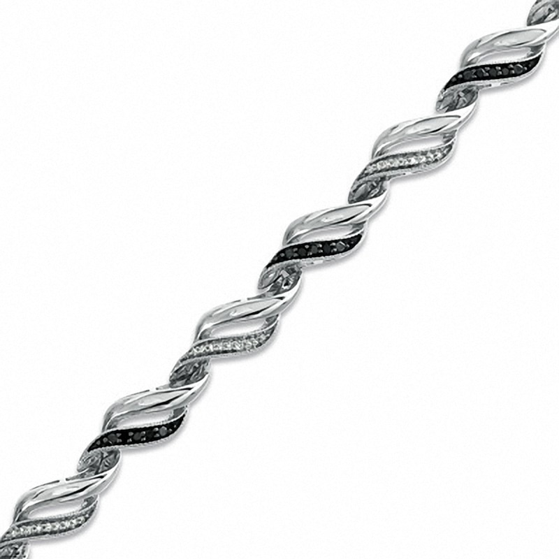 Main Image 1 of Previously Owned - 0.33 CT. T.W. Enhanced Black and White Diamond Waves Bracelet in Sterling Silver - 7.25&quot;