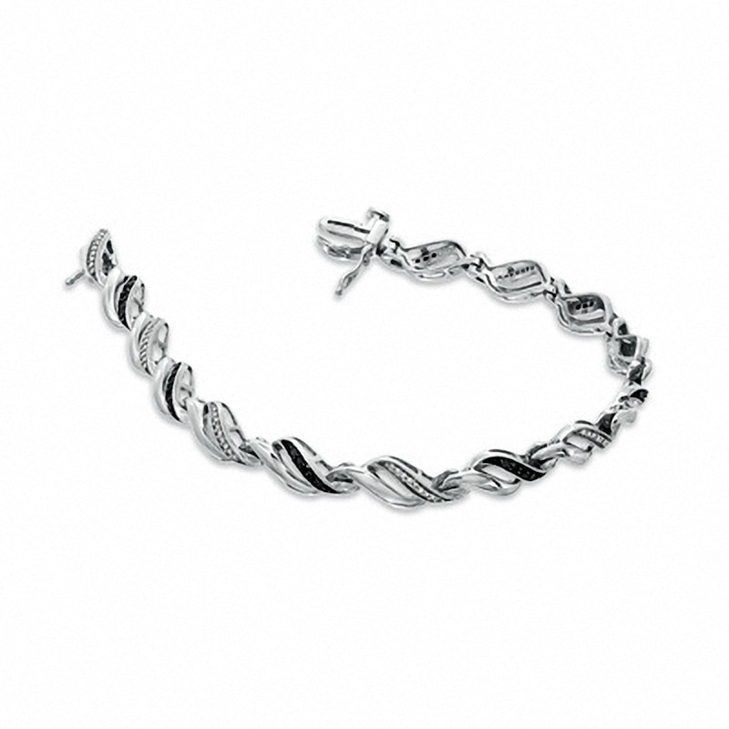 Main Image 2 of Previously Owned - 0.33 CT. T.W. Enhanced Black and White Diamond Waves Bracelet in Sterling Silver - 7.25&quot;