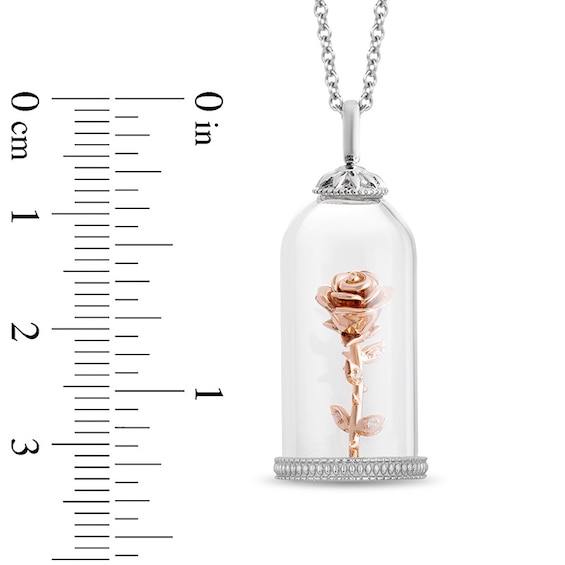 Previously Owned - Enchanted Disney Belle Diamond Rose in Glass Dome Pendant in Sterling Silver and 10K Rose Gold - 24"