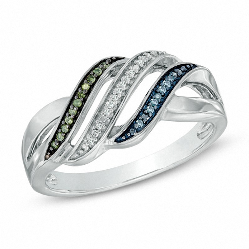 Previously Owned - Enhanced Blue, Green and White Diamond Accent Waves Ring in Sterling Silver