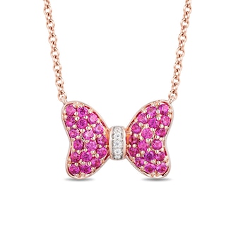 Previously Owned - Mickey Mouse & Minnie Mouse Garnet and Diamond Accent Bow Necklace in 10K Rose Gold - 17.3"