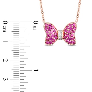 Previously Owned - Mickey Mouse & Minnie Mouse Garnet and Diamond Accent Bow Necklace in 10K Rose Gold - 17.3"