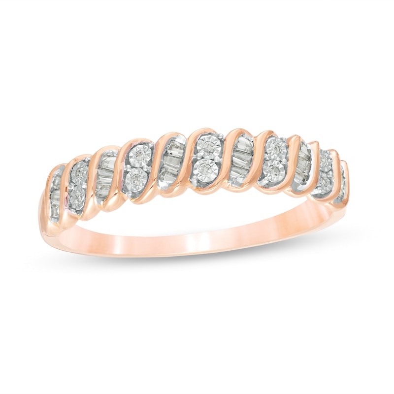 Main Image 1 of Previously Owned - 0.12 CT. T.W. Baguette and Round Diamond Stackable Spiral Anniversary Ring in 10K Rose Gold