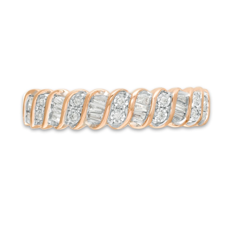 Main Image 4 of Previously Owned - 0.12 CT. T.W. Baguette and Round Diamond Stackable Spiral Anniversary Ring in 10K Rose Gold