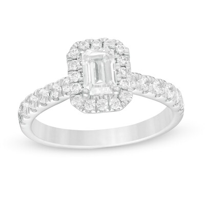 Previously Owned - 1.00 CT. T.W. Emerald-Cut Lab-Created Diamond Frame Engagement Ring in 14K White Gold (F/SI2)