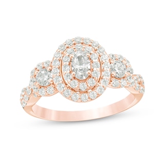 Previously Owned - 0.95 CT. T.W. Oval Diamond Past Present Future® Frame Engagement Ring in 14K Rose Gold (I/I2)