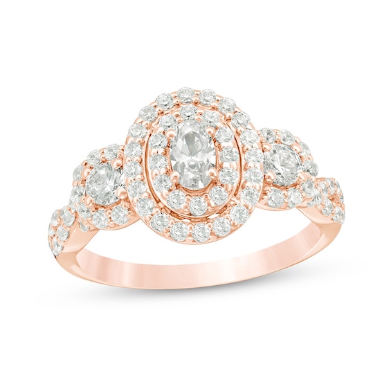 Previously Owned - 0.95 CT. T.W. Oval Diamond Past Present Future® Frame Engagement Ring in 14K Rose Gold (I/I2)