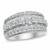 Previously Owned - 1.00 CT. T.W. Baguette and Round Diamond Three Row Ring in 10K White Gold