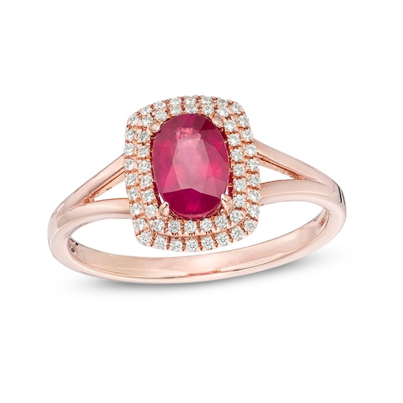 Previously Owned - Oval Ruby and 0.15 CT. T.W. Diamond Double Cushion Frame Ring in 10K Rose Gold