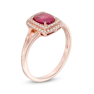 Previously Owned - Oval Ruby and 0.15 CT. T.W. Diamond Double Cushion Frame Ring in 10K Rose Gold