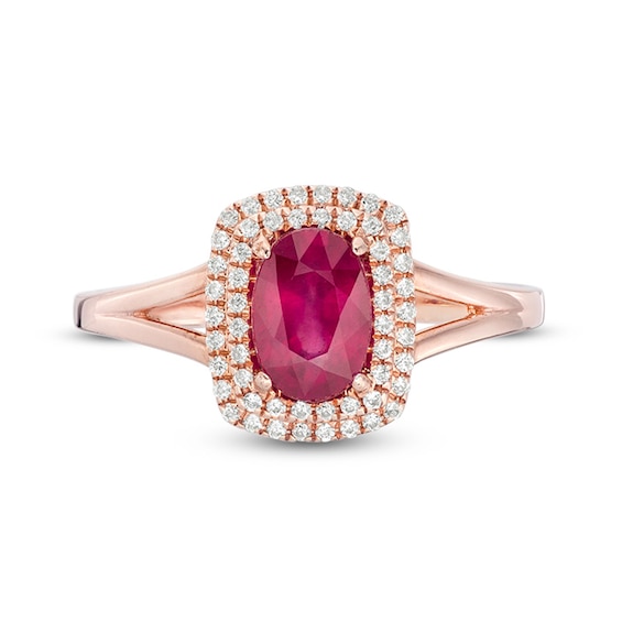 Previously Owned - Oval Ruby and 0.15 CT. T.W. Diamond Double Cushion Frame Ring in 10K Rose Gold