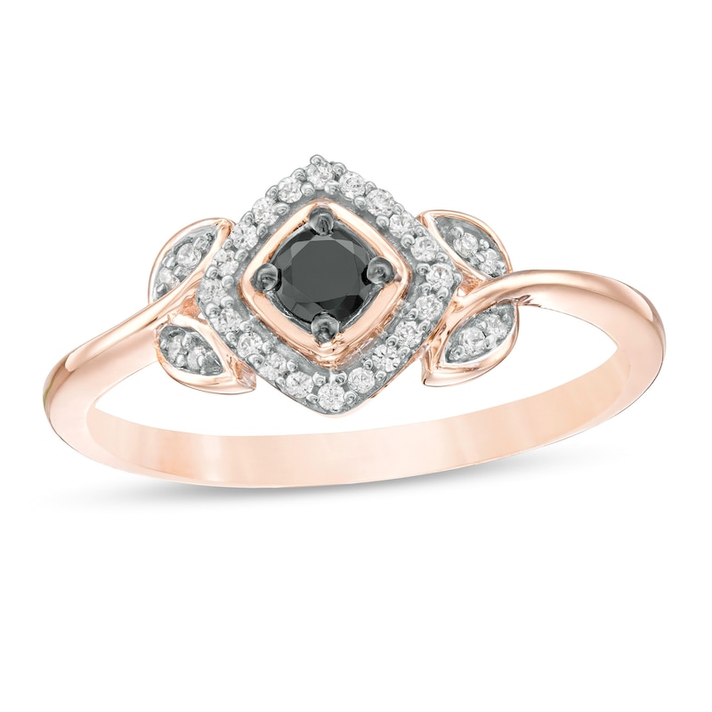 Previously Owned - 0.20 CT. T.W. Enhanced Black and White Diamond Cushion Frame Leaf-Sides Ring in 10K Rose Gold|Peoples Jewellers