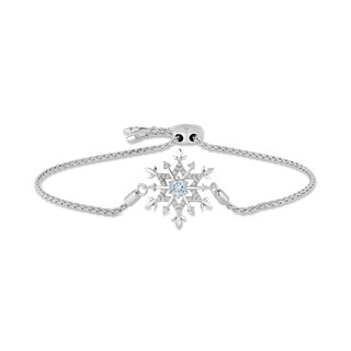 Previously Owned - Enchanted Disney Elsa 4.0mm Aquamarine and 0.15 CT. T.W. Diamond Snowflake Bolo Bracelet - 9.0"