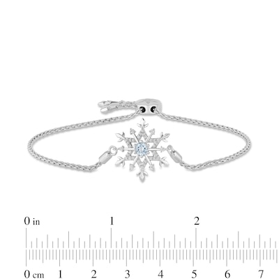 Previously Owned - Enchanted Disney Elsa 4.0mm Aquamarine and 0.15 CT. T.W. Diamond Snowflake Bolo Bracelet - 9.0"