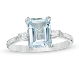 Previously Owned - Emerald-Cut Aquamarine and 0.12 CT. T.W. Diamond Engagement Ring in 14K White Gold