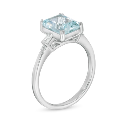 Previously Owned - Emerald-Cut Aquamarine and 0.12 CT. T.W. Diamond Engagement Ring in 14K White Gold