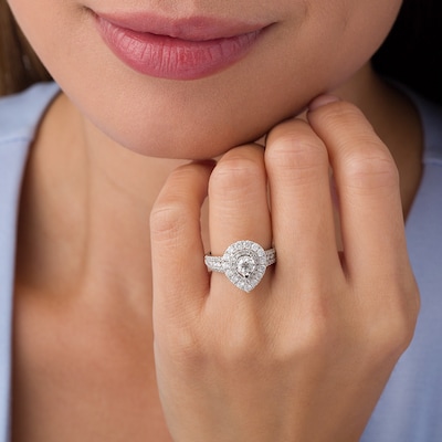 Previously Owned - 1.50 CT. T.W. Diamond Pear-Shaped Double Frame Engagement Ring in 10K White Gold