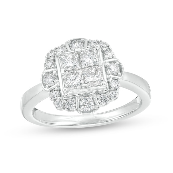 Previously Owned - 1.00 CT. T.W. Quad Princess-Cut Diamond Scallop Frame Engagement Ring in 10K White Gold