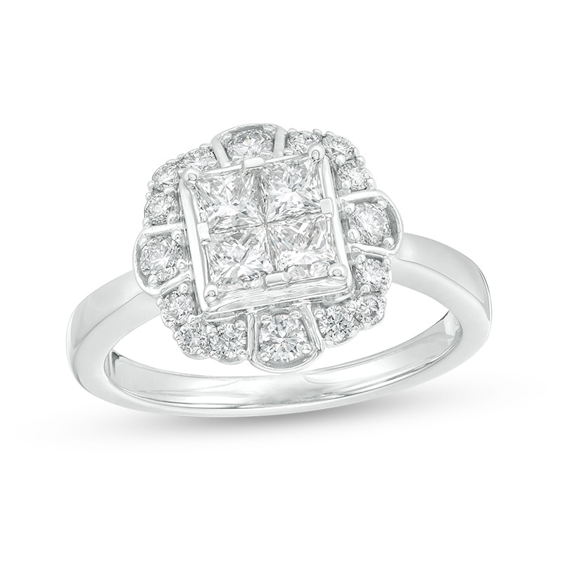 Previously Owned - 1.00 CT. T.W. Quad Princess-Cut Diamond Scallop Frame Engagement Ring in 10K White Gold|Peoples Jewellers