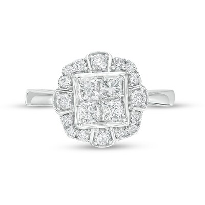 Previously Owned - 1.00 CT. T.W. Quad Princess-Cut Diamond Scallop Frame Engagement Ring in 10K White Gold