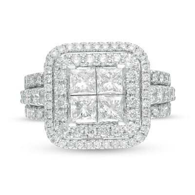 Previously Owned - 2.81 CT. T.W. Quad Princess-Cut Diamond Double Frame Engagement Ring in 14K White Gold