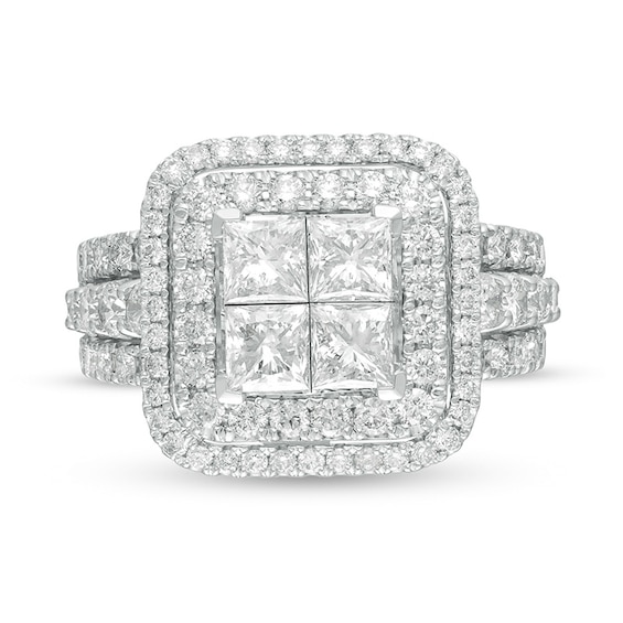 Previously Owned - 2.81 CT. T.W. Quad Princess-Cut Diamond Double Frame Engagement Ring in 14K White Gold