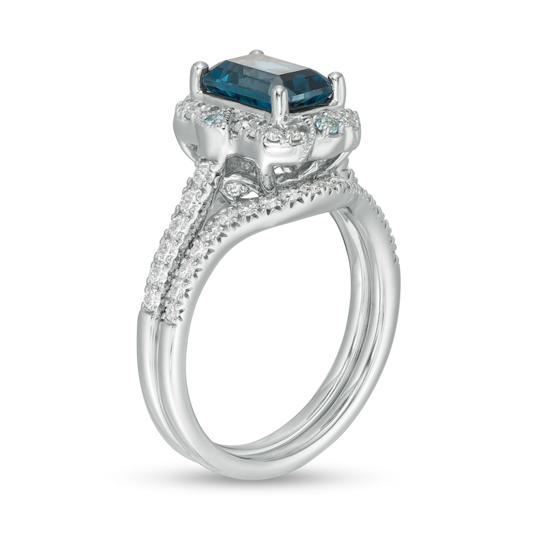 Previously Owned - Emerald-Cut London Blue Topaz and 0.50 CT. T.W. Diamond Vintage-Style Bridal Set in 14K White Gold|Peoples Jewellers
