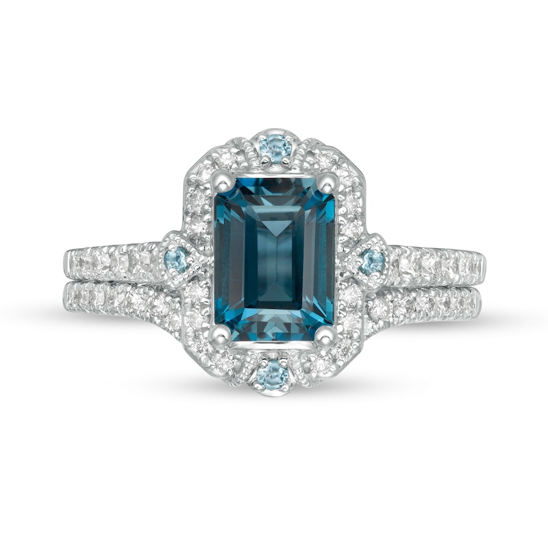 Previously Owned - Emerald-Cut London Blue Topaz and 0.50 CT. T.W. Diamond Vintage-Style Bridal Set in 14K White Gold|Peoples Jewellers