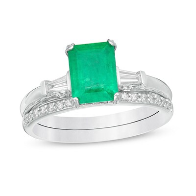 Previously Owned - Emerald-Cut Emerald and 0.32 CT. T.W. Diamond Collar Bridal Set in 14K White Gold