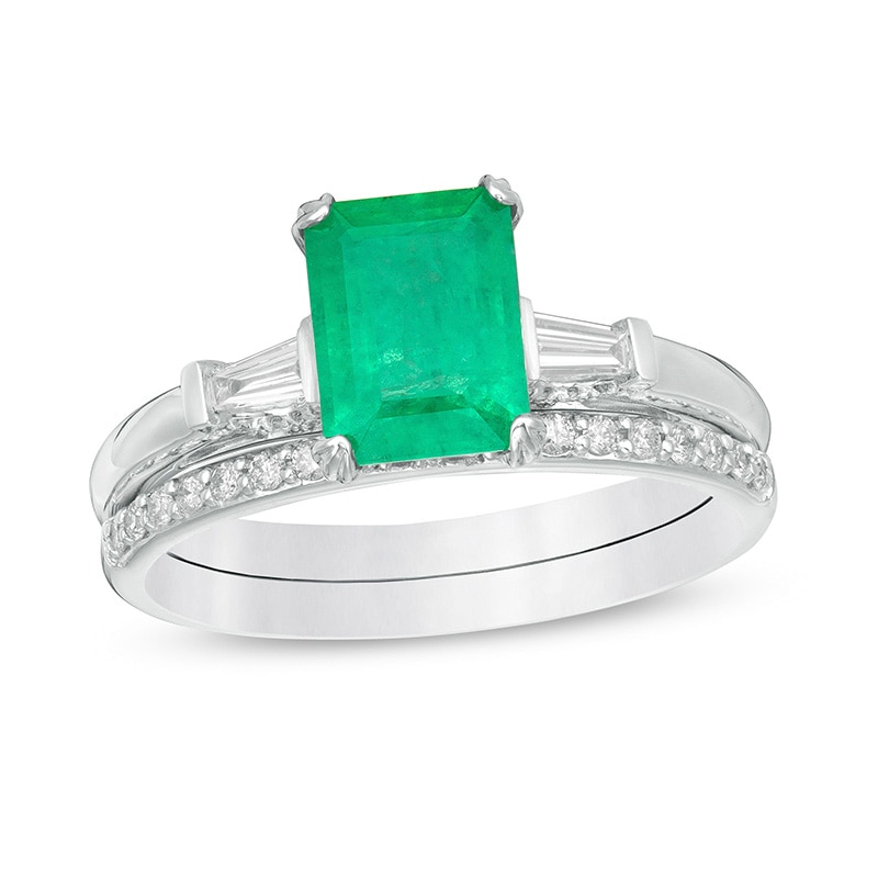 Previously Owned - Emerald-Cut Emerald and 0.32 CT. T.W. Diamond Collar Bridal Set in 14K White Gold|Peoples Jewellers