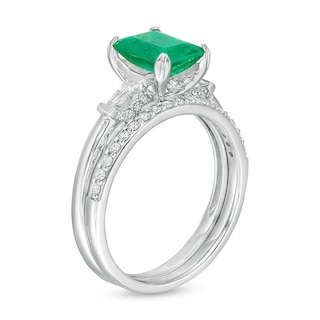 Previously Owned - Emerald-Cut Emerald and 0.32 CT. T.W. Diamond Collar Bridal Set in 14K White Gold