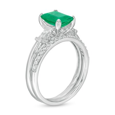 Previously Owned - Emerald-Cut Emerald and 0.32 CT. T.W. Diamond Collar Bridal Set in 14K White Gold