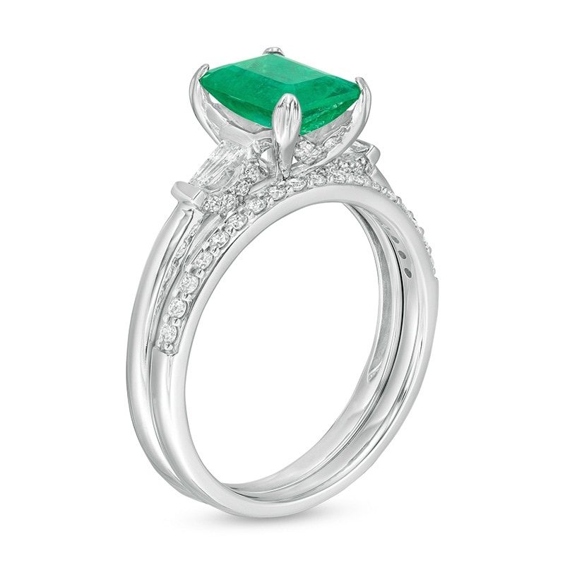 Main Image 3 of Previously Owned - Emerald-Cut Emerald and 0.32 CT. T.W. Diamond Collar Bridal Set in 14K White Gold