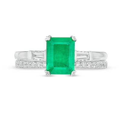 Previously Owned - Emerald-Cut Emerald and 0.32 CT. T.W. Diamond Collar Bridal Set in 14K White Gold