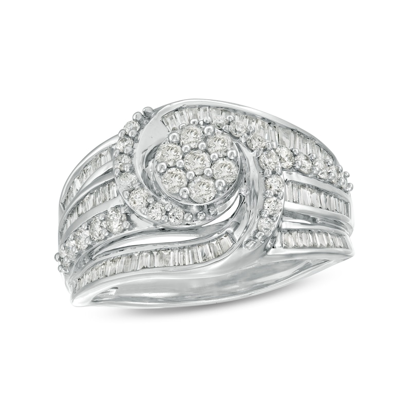Previously Owned - 1.00 CT. T.W. Baguette and Round Diamond Multi-Row Ring in 10K White Gold