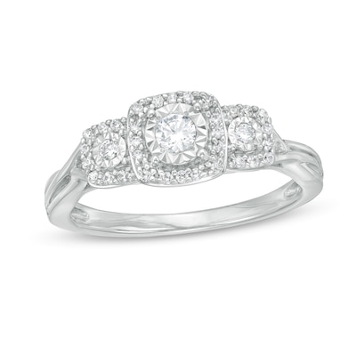 Previously Owned - 0.25 CT. T.W. Diamond Past Present Future® Cushion Frame Engagement Ring in 10K White Gold