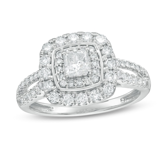 Previously Owned - 1.00 CT. T.W. Diamond Double Cushion Frame Engagement Ring in 10K White Gold (I/I2)