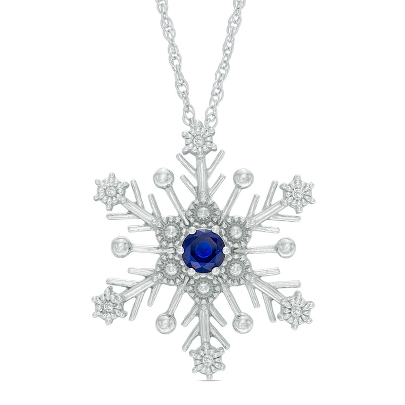 Previously Owned - 4.0mm Ceylon Lab-Created Sapphire and Diamond Accent Snowflake Pendant in Sterling Silver