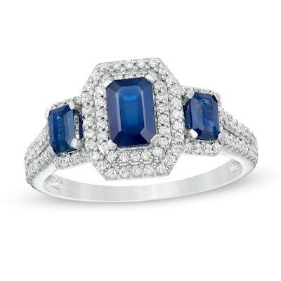 Previously Owned - Emerald-Cut Blue Sapphire and 0.33 CT. T.W. Diamond Three Stone Engagement Ring in 14K White Gold