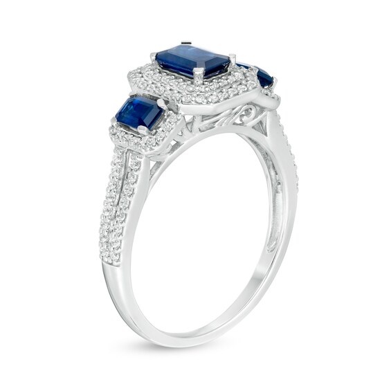 Previously Owned - Emerald-Cut Blue Sapphire and 0.33 CT. T.W. Diamond Three Stone Engagement Ring in 14K White Gold