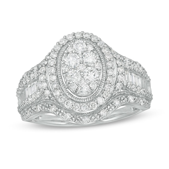 Previously Owned - 1.00 CT. T.W. Composite Oval Diamond Frame Multi-Row Engagement Ring in 10K White Gold