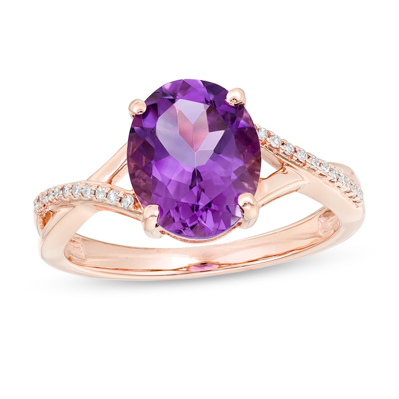 Previously Owned - Oval Amethyst and 0.05 CT. T.W. Diamond Twist Shank Ring in 10K Rose Gold