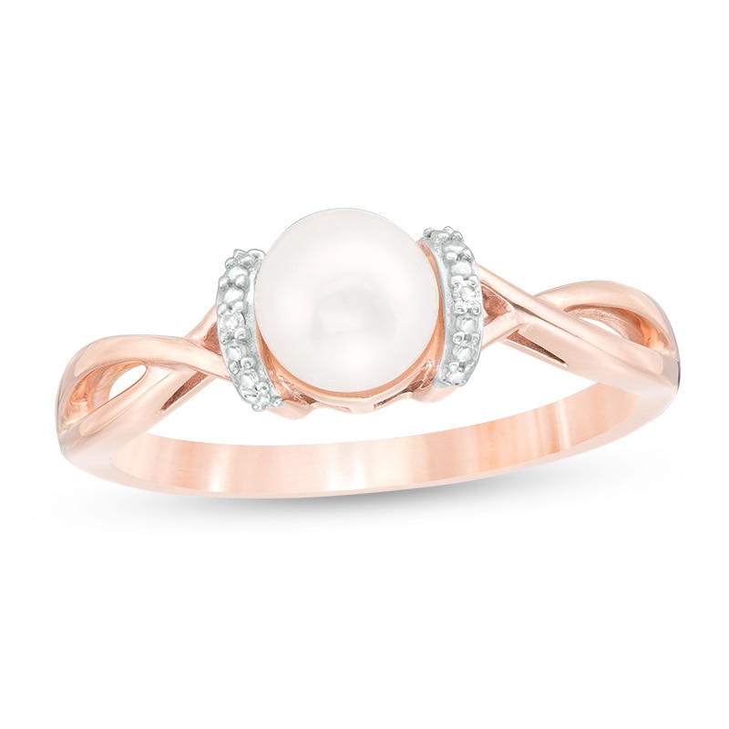 Previously Owned-6.0mm Freshwater Cultured Pearl and Diamond Accent Collar Twist Shank Ring in 10K Rose Gold|Peoples Jewellers