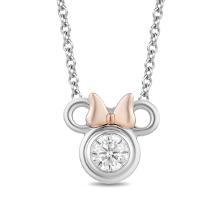 Previously Owned - Mickey Mouse & Minnie Mouse 0.23 CT. Diamond Solitaire Pendant in Sterling Silver - 19"