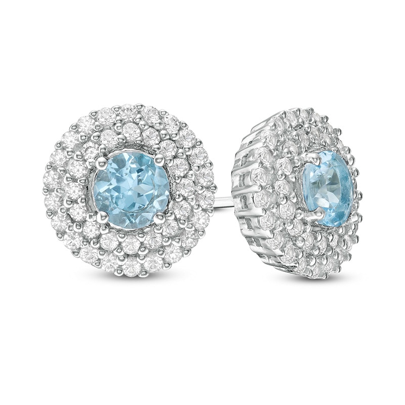 Previously Owned - 5.0mm Swiss Blue Topaz and Lab-Created White Sapphire Double Frame Stud Earrings in Sterling Silver|Peoples Jewellers