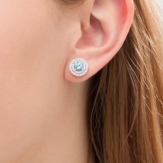 Previously Owned - 5.0mm Swiss Blue Topaz and Lab-Created White Sapphire Double Frame Stud Earrings in Sterling Silver