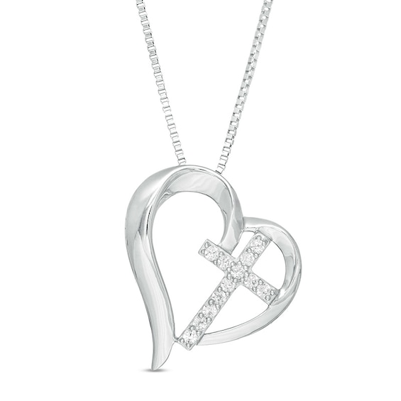 Previously Owned - Lab-Created White Sapphire Tilted Heart with Cross Pendant in Sterling Silver