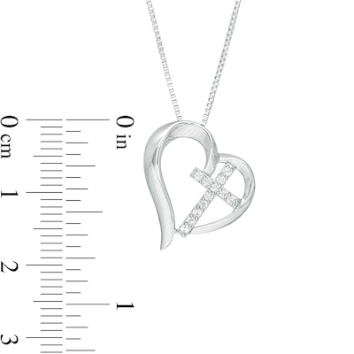 Previously Owned - Lab-Created White Sapphire Tilted Heart with Cross Pendant in Sterling Silver